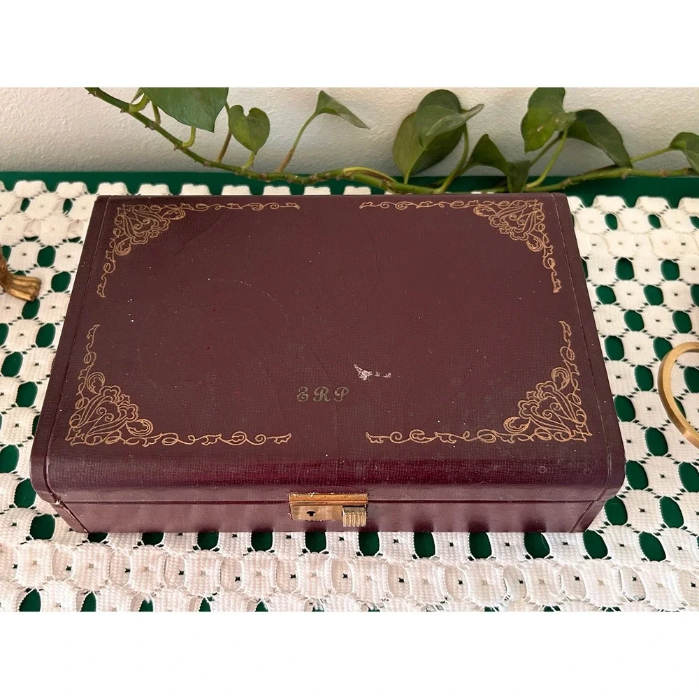 Vintage Farrington Faux‎ Leather Jewelry Box Set Gold Filigree Monogram with Key